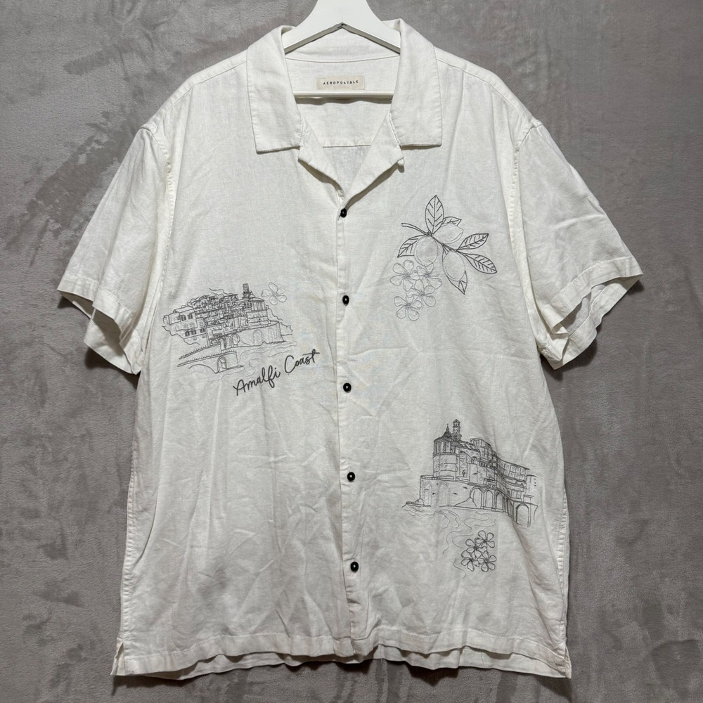 Aeropostale Mens 2XL Amalfi‎ Coast Embroidered Linen Blend Camp Shirt White